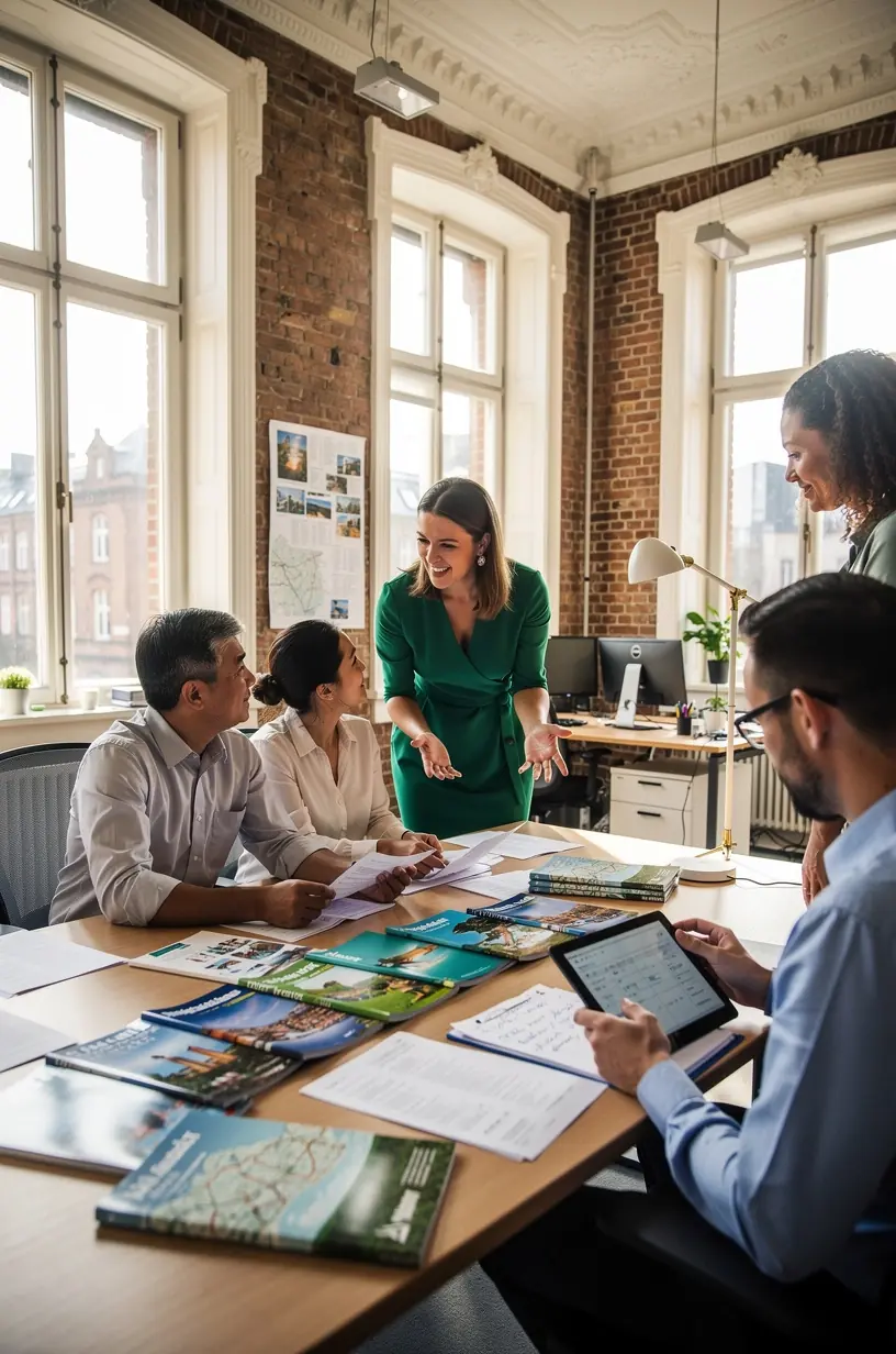 Professionelles Team koordiniert Termine und Transport in modernem Reisebüro mit digitaler Ausstattung